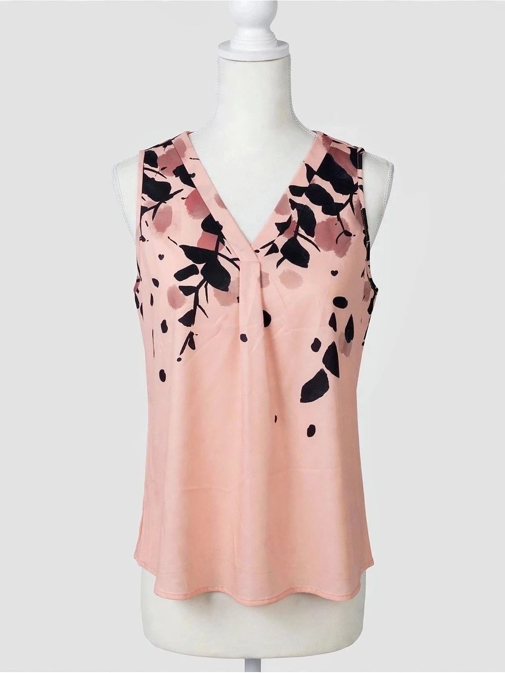 Pink Floral Print Pleat Front Blouse Tank Top in Pink & Black